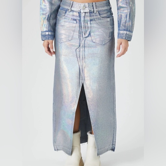 Forever 21 Iridescent Blue Pencil Holographic Midi Skirt M - Picture 1 of 9